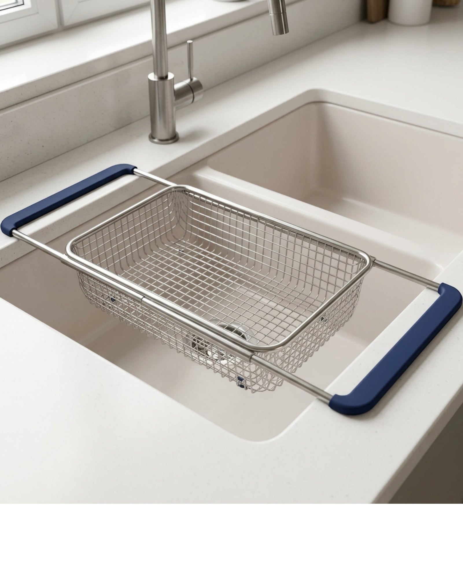 Zbwnd Expandable Over Sink Mesh Draining Basket 39-58 cm Navy Grips - Lifestyle view