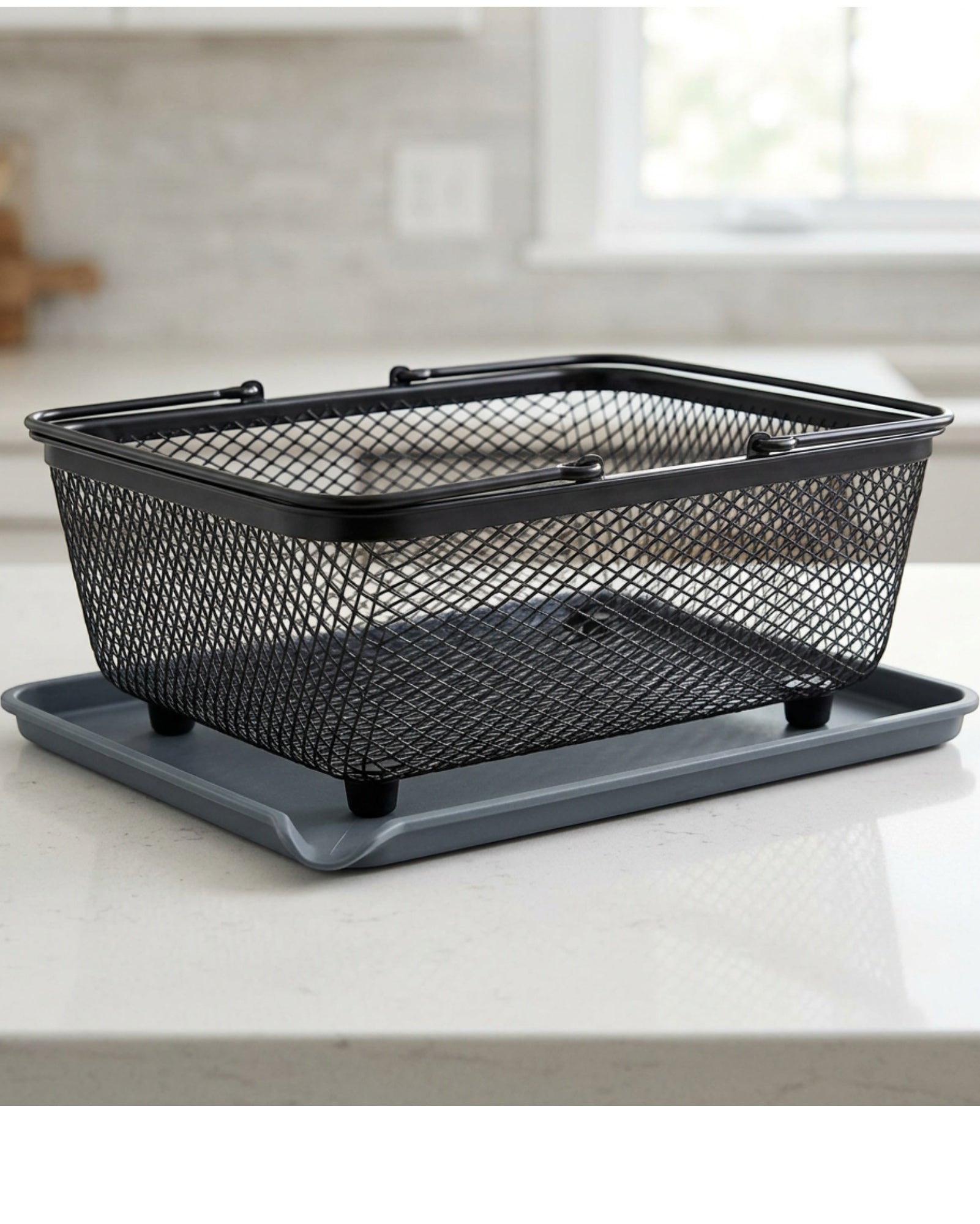 Zbwnd Rectangular Diamond Mesh Draining Basket with Slate Drip Tray - Lifestyle view