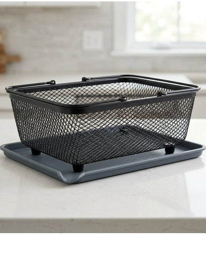 Zbwnd Rectangular Diamond Mesh Draining Basket with Slate Drip Tray - Lifestyle view