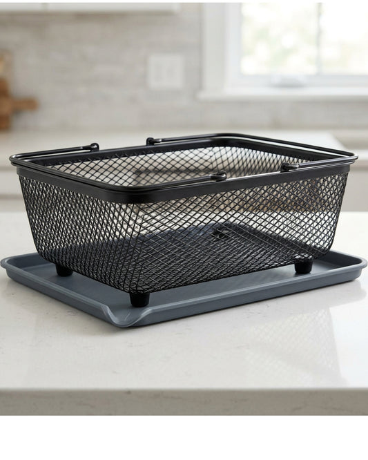 Zbwnd Rectangular Diamond Mesh Draining Basket with Slate Drip Tray - Lifestyle view